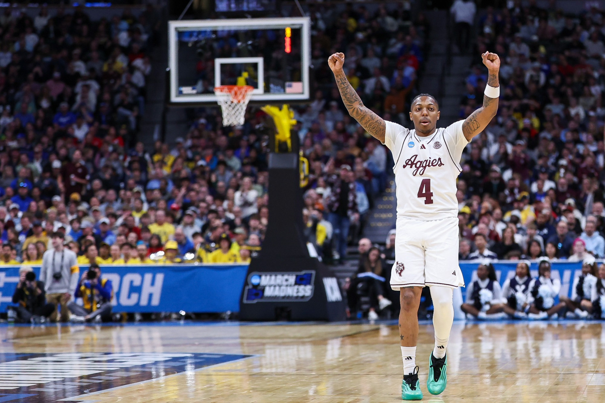 DENVER, CO - March 20, 2025 - Guard Wade Taylor #4 of the Texas A&M Aggies during the between the Yale Bulldogs and the Texas A&M Aggies at Ball Arena in Denver, Colorado. Photo By Craig Bisacre/Texas A&M Athletics